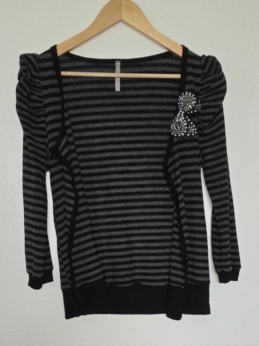 Black & Charcoal Striped Puff-Sleeve Cardigan with Bow Detail